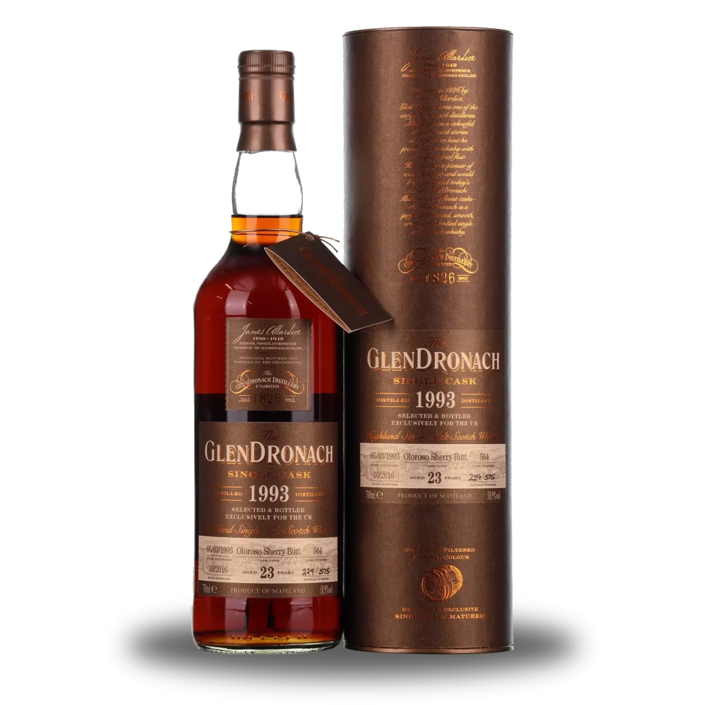 Casks Galore Whisky Scotland GlenDronach 23 year old 1993 single cask 564 UK exclusive Scotch whisky bottle with premium label casks galore