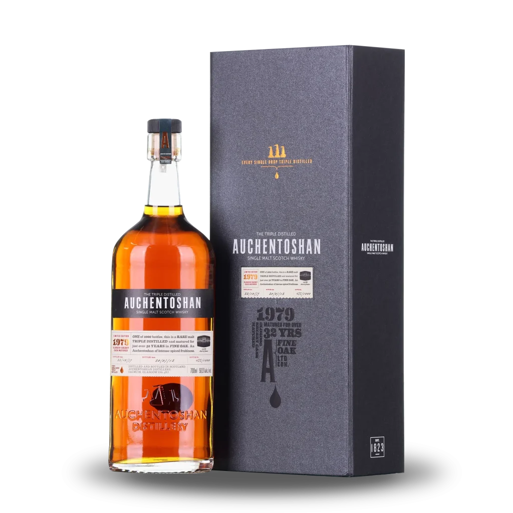 Casks Galore Whisky Scotland Auchentoshan 32 year old 1979 Lowland single malt Scotch whisky bottle with luxury presentation casks galore