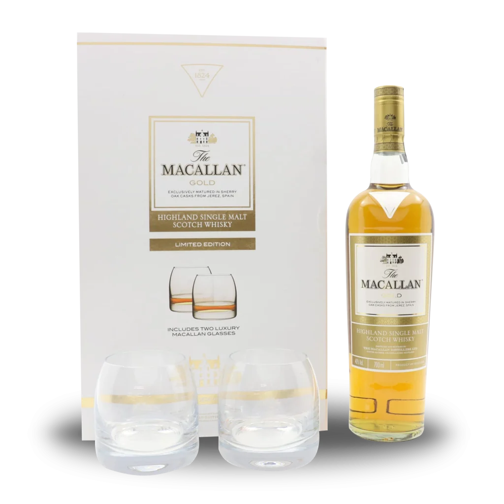 Casks Galore Whisky Scotland Macallan Gold whisky gift set with two glasses and presentation box casks galore