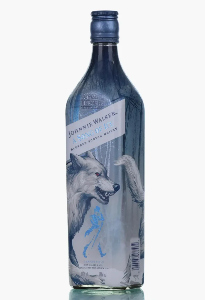 Casks Galore Whisky Scotland Casks Galore Whisky Scotland Blue Johnnie Walker whisky bottle Limited Edition with Game of Thrones artwork featuring wolves and the label reading A Song of Ice casks galore casks galore