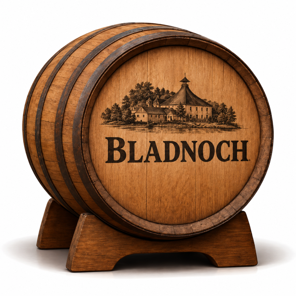 Casks Galore Whisky Scotland Casks Galore Whisky Scotland Bladnoch whisky cask with wooden barrel featuring Bladnoch Distillery branding and illustration casks galore casks galore