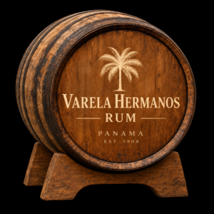 Casks Galore Whisky Scotland Wooden rum barrel with a palm tree logo and the text  casks galore'Varela Hermanos Rum Panama Est. 1908'.